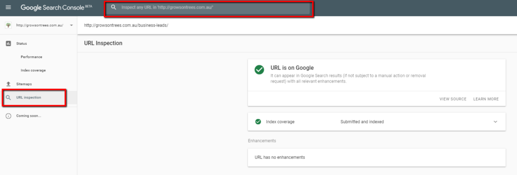 URL Inspection Tool Menu link